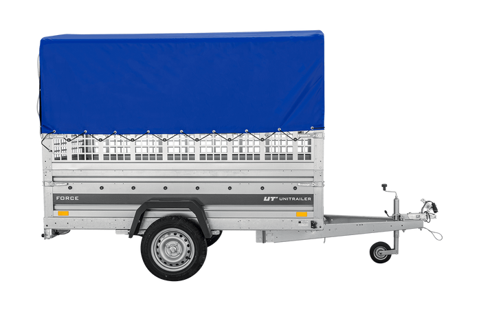 Autotransportanhänger auf Federn 230×125 UNITRAILER FORCE 230/R KIPP mit Gitterwänden, H-800 Rahmen und blauer Plane-Neu