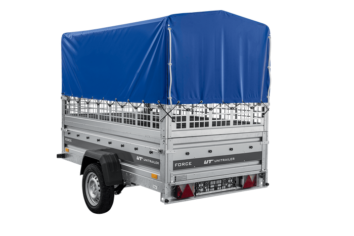 Autotransportanhänger auf Federn 230×125 UNITRAILER FORCE 230/R KIPP mit Gitterwänden, H-800 Rahmen und blauer Plane-Neu
