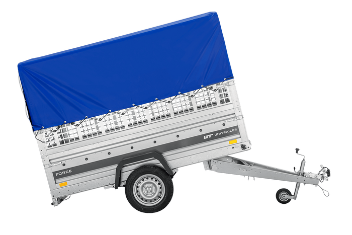Autotransportanhänger auf Federn 230×125 UNITRAILER FORCE 230/R KIPP mit Gitterwänden, H-800 Rahmen und blauer Plane-Neu