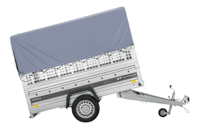 Autotransportanhänger auf Federn 230×125 UNITRAILER FORCE 230/R KIPP mit Gitterwänden, H-800 Rahmen und grauer Plane-Neu