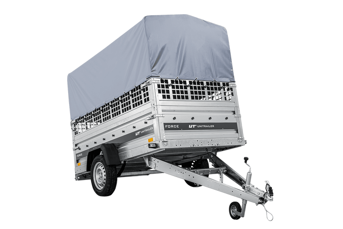Autotransportanhänger auf Federn 230×125 UNITRAILER FORCE 230/R KIPP mit Gitterwänden, H-800 Rahmen und grauer Plane-Neu