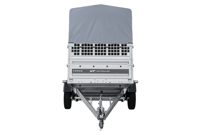 Autotransportanhänger auf Federn 230×125 UNITRAILER FORCE 230/R KIPP mit Gitterwänden, H-800 Rahmen und grauer Plane-Neu