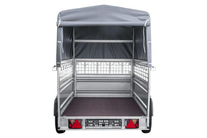 Autotransportanhänger auf Federn 230×125 UNITRAILER FORCE 230/R KIPP mit Gitterwänden, H-800 Rahmen und grauer Plane-Neu