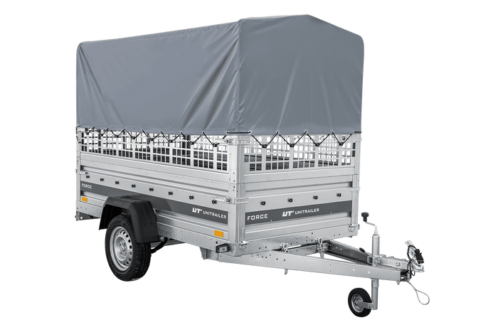 Autotransportanhänger auf Federn 230×125 UNITRAILER FORCE 230/R KIPP mit Gitterwänden, H-800 Rahmen und grauer Plane-Neu