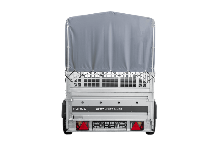 Autotransportanhänger auf Federn 230×125 UNITRAILER FORCE 230/R KIPP mit Gitterwänden, H-800 Rahmen und grauer Plane-Neu