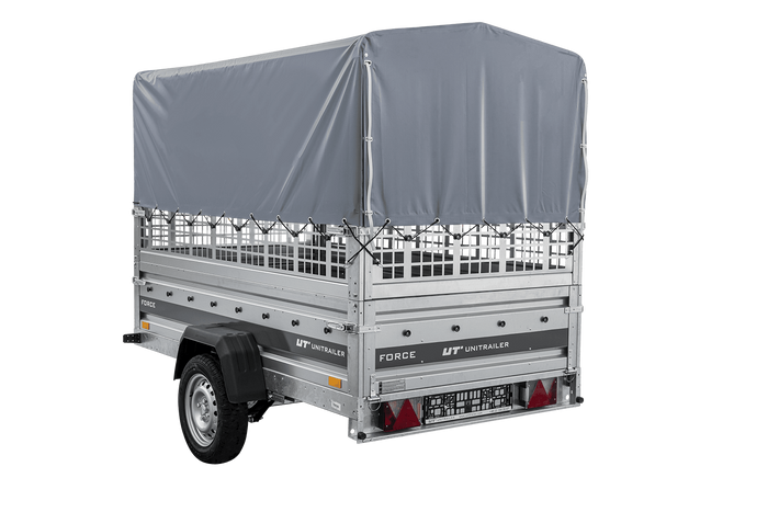 Autotransportanhänger auf Federn 230×125 UNITRAILER FORCE 230/R KIPP mit Gitterwänden, H-800 Rahmen und grauer Plane-Neu