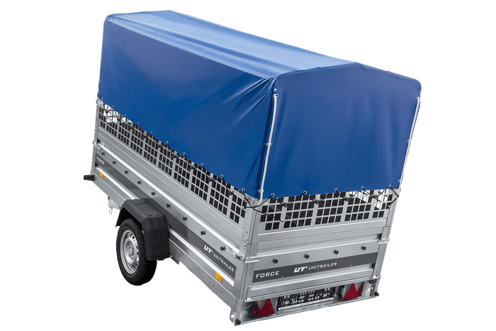 Autotransportanhänger auf Federn 264×125 UNITRAILER FORCE 264/R KIPP mit Gitterwänden, H-800 Rahmen und blauer Plane-Neu