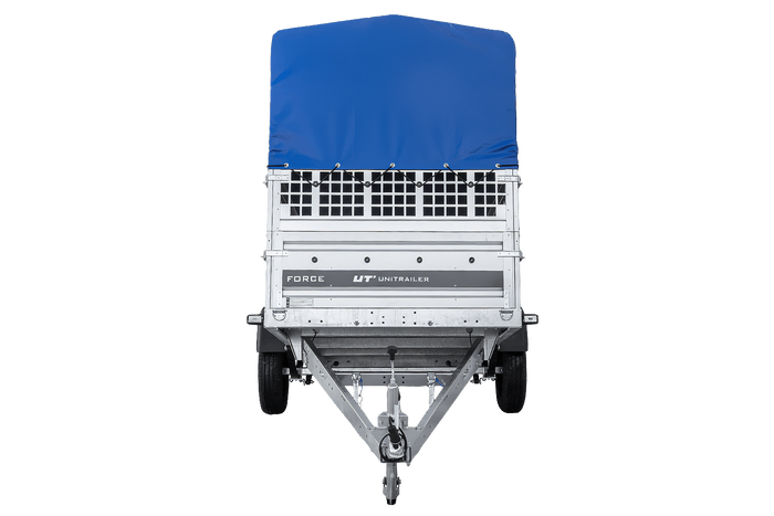 Autotransportanhänger auf Federn 264×125 UNITRAILER FORCE 264/R KIPP mit Gitterwänden, H-800 Rahmen und blauer Plane-Neu