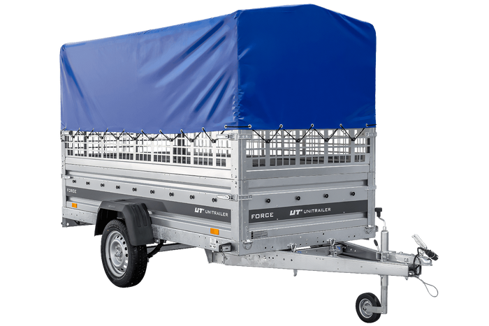 Autotransportanhänger auf Federn 264×125 UNITRAILER FORCE 264/R KIPP mit Gitterwänden, H-800 Rahmen und blauer Plane-Neu