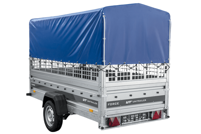 Autotransportanhänger auf Federn 264×125 UNITRAILER FORCE 264/R KIPP mit Gitterwänden, H-800 Rahmen und blauer Plane-Neu