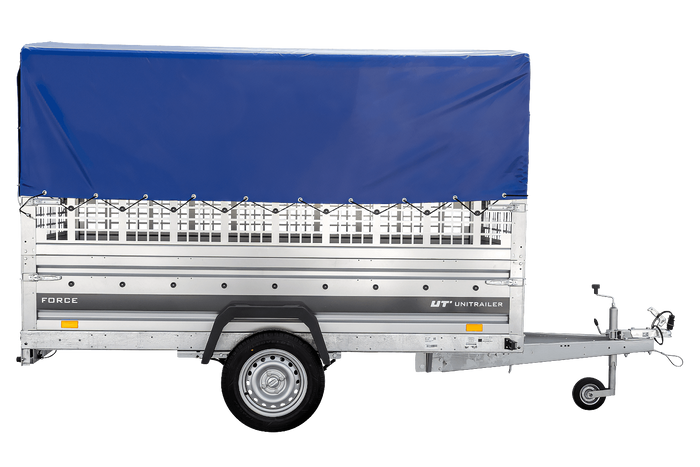 Autotransportanhänger auf Federn 264×125 UNITRAILER FORCE 264/R KIPP mit Gitterwänden, H-800 Rahmen und blauer Plane-Neu