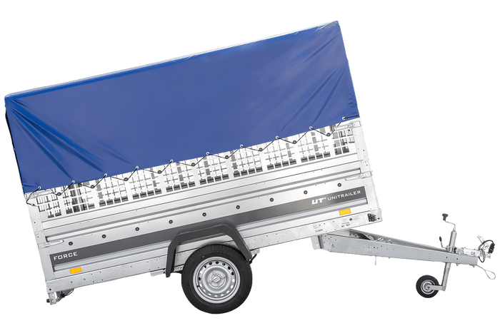 Autotransportanhänger auf Federn 264×125 UNITRAILER FORCE 264/R KIPP mit Gitterwänden, H-800 Rahmen und blauer Plane-Neu