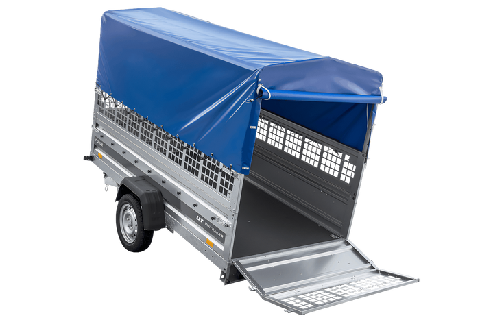 Autotransportanhänger auf Federn 264×125 UNITRAILER FORCE 264/R KIPP mit Gitterwänden, H-800 Rahmen und blauer Plane-Neu