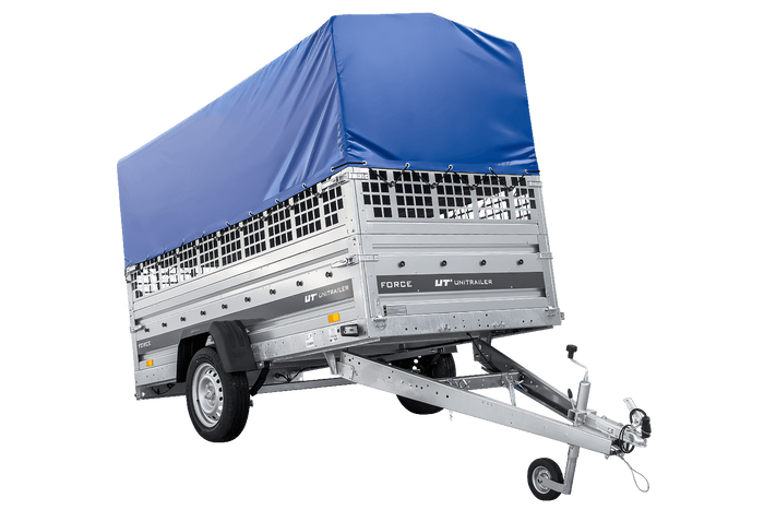 Autotransportanhänger auf Federn 264×125 UNITRAILER FORCE 264/R KIPP mit Gitterwänden, H-800 Rahmen und blauer Plane-Neu