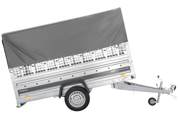 Autotransportanhänger auf Federn 264×125 UNITRAILER FORCE 264/R KIPP mit Gitterwänden, H-800 Rahmen und grauer Plane-Neu