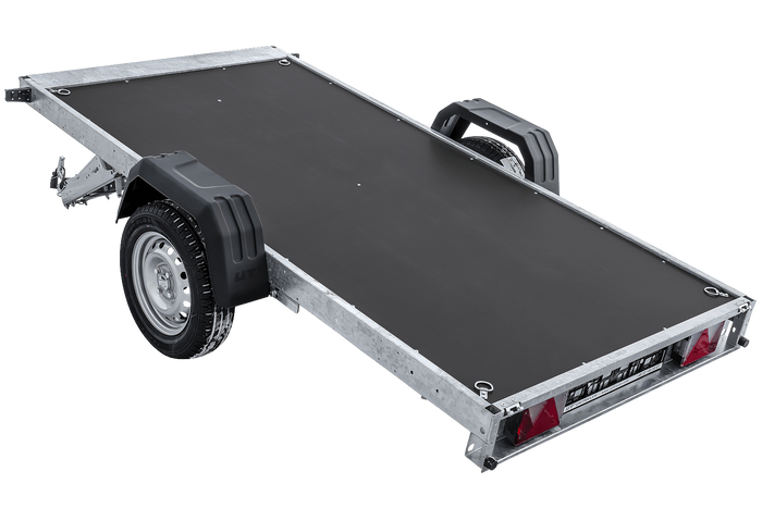 Autotransportanhänger auf Federn 264×125 UNITRAILER FORCE 264/R KIPP mit Gitterwänden, H-800 Rahmen und grauer Plane-Neu