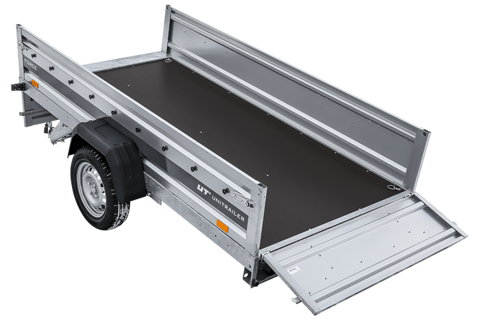 Autotransportanhänger auf Federn 264×125 UNITRAILER FORCE 264/R KIPP mit Gitterwänden, H-800 Rahmen und grauer Plane-Neu