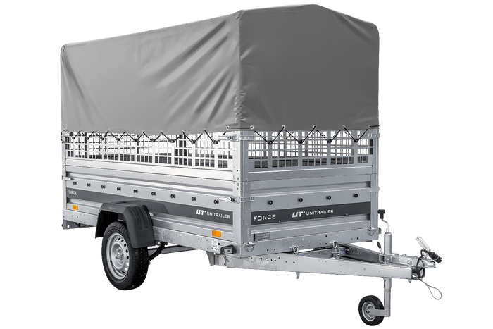 Autotransportanhänger auf Federn 264×125 UNITRAILER FORCE 264/R KIPP mit Gitterwänden, H-800 Rahmen und grauer Plane-Neu