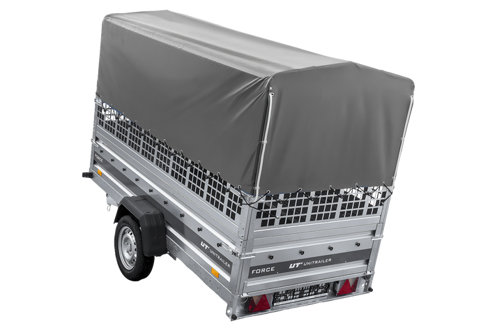 Autotransportanhänger auf Federn 264×125 UNITRAILER FORCE 264/R KIPP mit Gitterwänden, H-800 Rahmen und grauer Plane-Neu