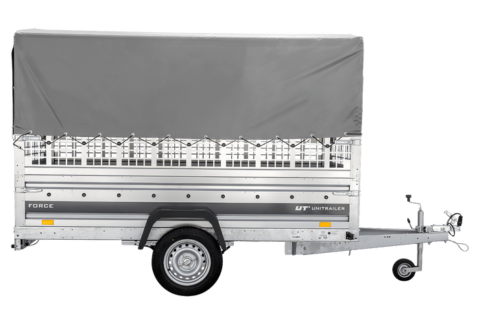 Autotransportanhänger auf Federn 264×125 UNITRAILER FORCE 264/R KIPP mit Gitterwänden, H-800 Rahmen und grauer Plane-Neu