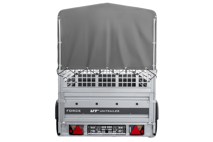 Autotransportanhänger auf Federn 264×125 UNITRAILER FORCE 264/R KIPP mit Gitterwänden, H-800 Rahmen und grauer Plane-Neu