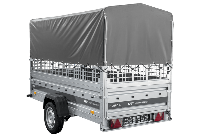 Autotransportanhänger auf Federn 264×125 UNITRAILER FORCE 264/R KIPP mit Gitterwänden, H-800 Rahmen und grauer Plane-Neu