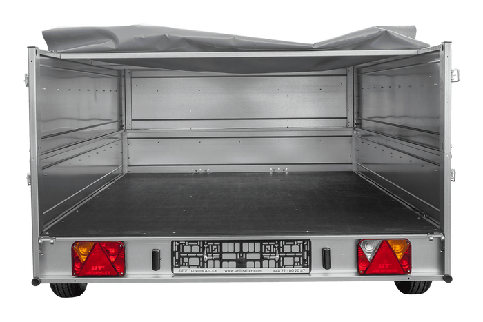 Autotransportanhänger auf Federn 264×150 UNITRAILER GARDEN 265/R KIPP mit BIS-Seitenwänden, H-0-Rahmen und grauer Plane-Neu