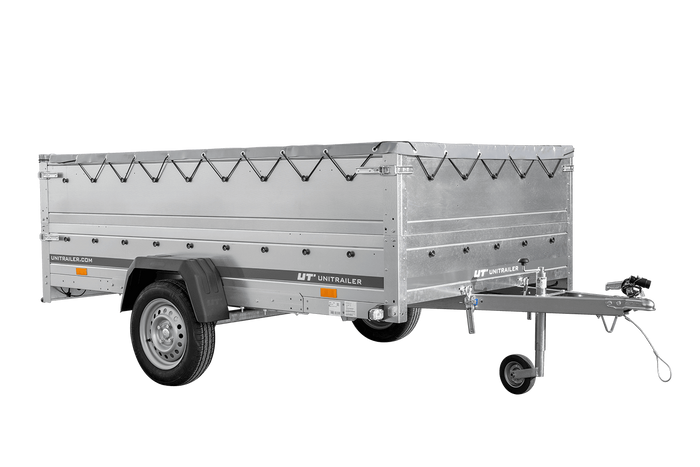 Autotransportanhänger auf Federn 264×150 UNITRAILER GARDEN 265/R KIPP mit BIS-Seitenwänden, H-0-Rahmen und grauer Plane-Neu