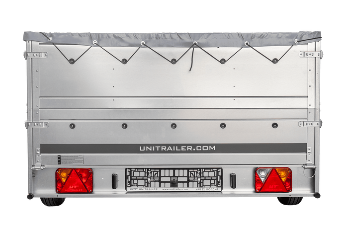 Autotransportanhänger auf Federn 264×150 UNITRAILER GARDEN 265/R KIPP mit BIS-Seitenwänden, H-0-Rahmen und grauer Plane-Neu