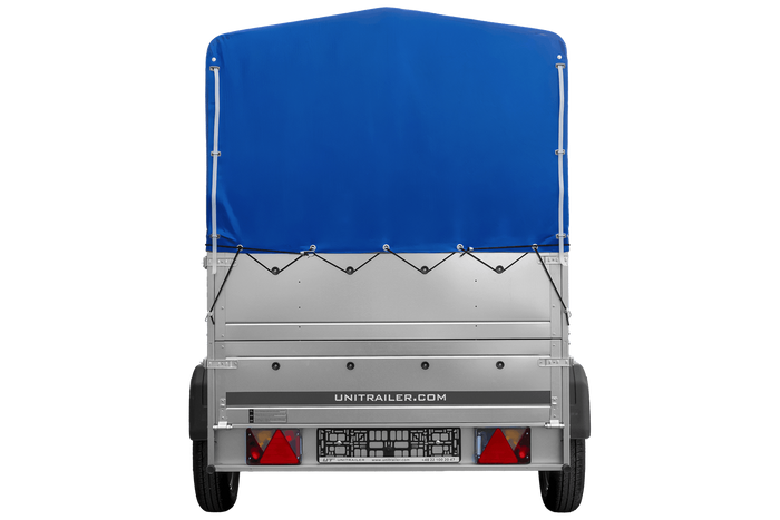 Einachsanhänger 200×125 UNITRAILER GARDEN 201 KIPP mit BIS-Seitenwänden, H-800-Rahmen und blauer Plane-Neu