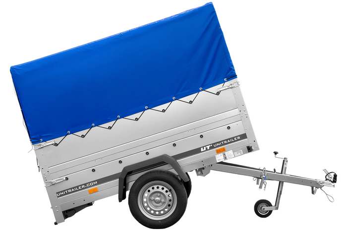 Einachsanhänger 200×125 UNITRAILER GARDEN 201 KIPP mit BIS-Seitenwänden, H-800-Rahmen und blauer Plane-Neu
