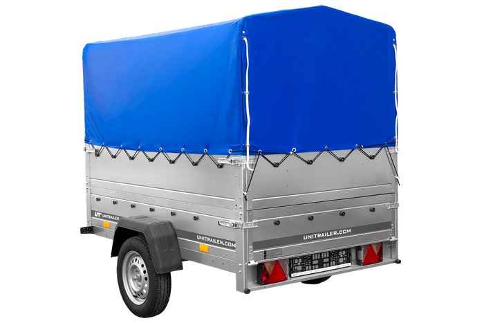 Einachsanhänger 200×125 UNITRAILER GARDEN 201 KIPP mit BIS-Seitenwänden, H-800-Rahmen und blauer Plane-Neu