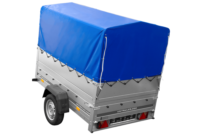 Einachsanhänger 200×125 UNITRAILER GARDEN 201 KIPP mit BIS-Seitenwänden, H-800-Rahmen und blauer Plane-Neu
