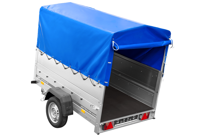 Einachsanhänger 200×125 UNITRAILER GARDEN 201 KIPP mit BIS-Seitenwänden, H-800-Rahmen und blauer Plane-Neu