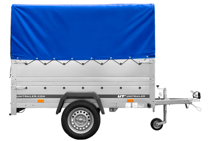 Einachsanhänger 200×125 UNITRAILER GARDEN 201 KIPP mit BIS-Seitenwänden, H-800-Rahmen und blauer Plane-Neu