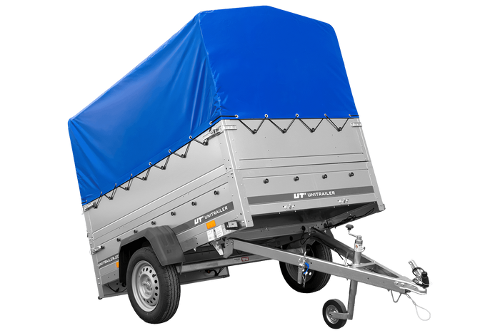 Einachsanhänger 200×125 UNITRAILER GARDEN 201 KIPP mit BIS-Seitenwänden, H-800-Rahmen und blauer Plane-Neu