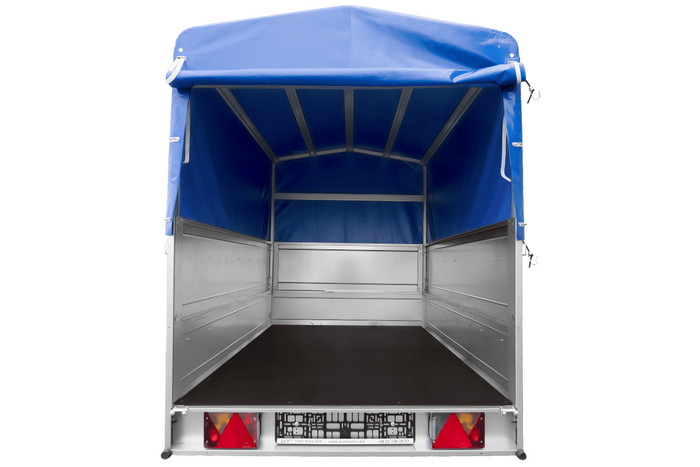 Einachsanhänger 200×125 UNITRAILER GARDEN 201 KIPP mit BIS-Seitenwänden, H-800-Rahmen und blauer Plane-Neu