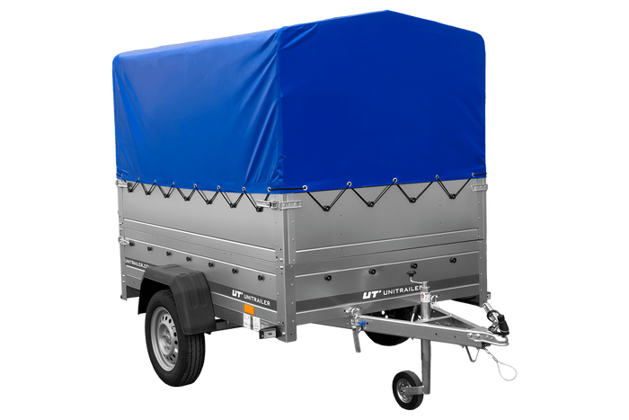 Einachsanhänger 200×125 UNITRAILER GARDEN 201 KIPP mit BIS-Seitenwänden, H-800-Rahmen und blauer Plane-Neu
