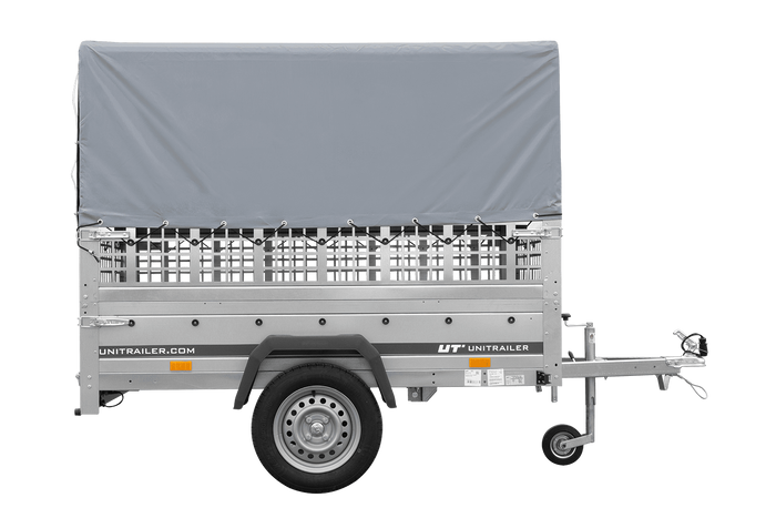 Einachsanhänger 200×125 UNITRAILER GARDEN 201 KIPP mit Gitterseitenwänden, H-800 Rahmen und grauer Plane-Neu