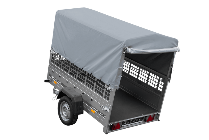 Einachsanhänger 200×125 UNITRAILER GARDEN 201 KIPP mit Gitterseitenwänden, H-800 Rahmen und grauer Plane-Neu