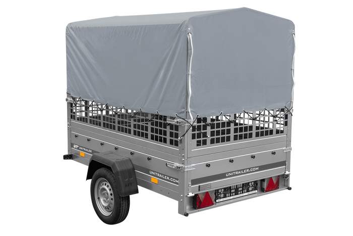 Einachsanhänger 200×125 UNITRAILER GARDEN 201 KIPP mit Gitterseitenwänden, H-800 Rahmen und grauer Plane-Neu