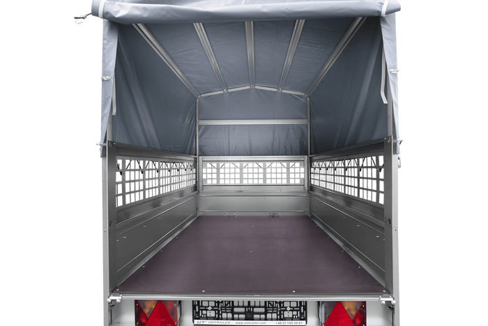 Einachsanhänger 200×125 UNITRAILER GARDEN 201 KIPP mit Gitterseitenwänden, H-800 Rahmen und grauer Plane-Neu