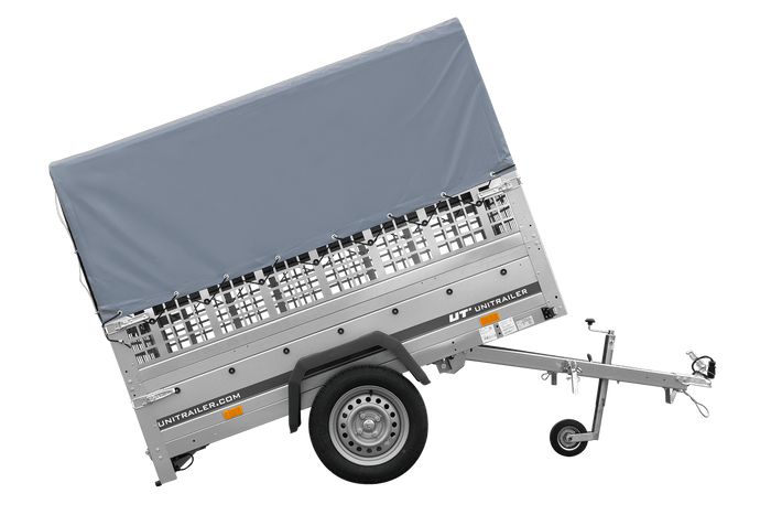 Einachsanhänger 200×125 UNITRAILER GARDEN 201 KIPP mit Gitterseitenwänden, H-800 Rahmen und grauer Plane-Neu