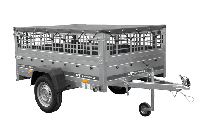 Einachsanhänger 200×125 UNITRAILER GARDEN 201 KIPP mit Gitterseitenwänden und grauer Abdeckung-Neu