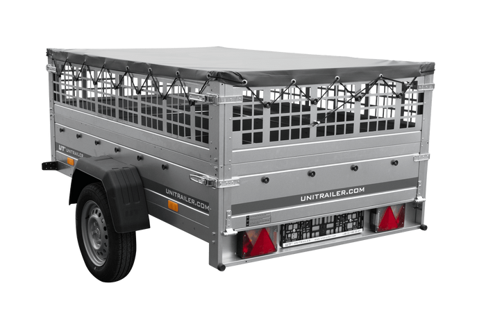 Einachsanhänger 200×125 UNITRAILER GARDEN 201 KIPP mit Gitterseitenwänden und grauer Abdeckung-Neu