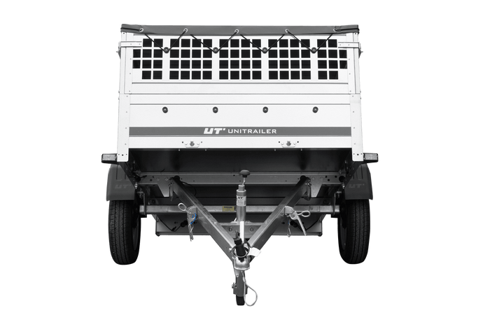 Einachsanhänger 200×125 UNITRAILER GARDEN 201 KIPP mit Gitterseitenwänden und grauer Abdeckung-Neu