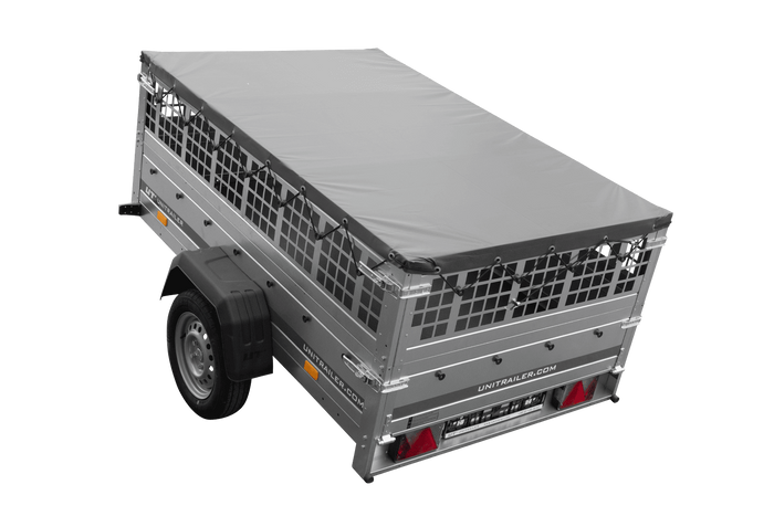 Einachsanhänger 200×125 UNITRAILER GARDEN 201 KIPP mit Gitterseitenwänden und grauer Abdeckung-Neu
