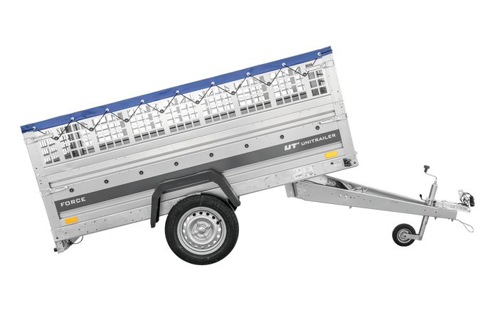 Einachsanhänger 230×125 UNITRAILER FORCE 230 KIPP mit Gitterseitenwänden, H-0-Rahmen und blauer Plane-Neu