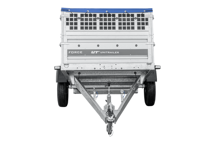 Einachsanhänger 230×125 UNITRAILER FORCE 230 KIPP mit Gitterseitenwänden, H-0-Rahmen und blauer Plane-Neu