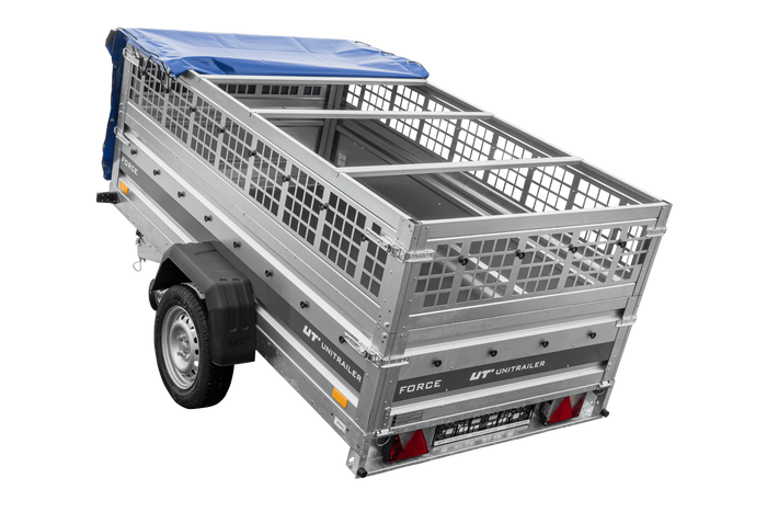 Einachsanhänger 230×125 UNITRAILER FORCE 230 KIPP mit Gitterseitenwänden, H-0-Rahmen und blauer Plane-Neu